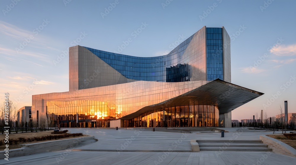 Obraz premium Modern architectural structure exhibits sweeping curves and reflective glass at sunset