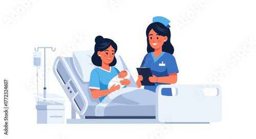 A woman holds a baby in a hospital bed a nurse stands nearby with a clipboard