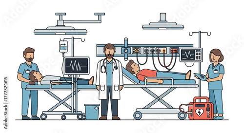 Medical team provides emergency patient care in a hospital with advanced life support and monitoring equipment