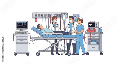 Professional medical staff providing critical care to a patient in an ICU ward with advanced monitoring and ventilation