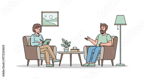 Professional psychological help concept showing a male patient talking with a female psychotherapist during a consultation