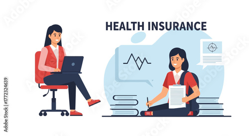 Conceptual vector illustration of women managing healthcare policies and medical insurance documentation on a laptop