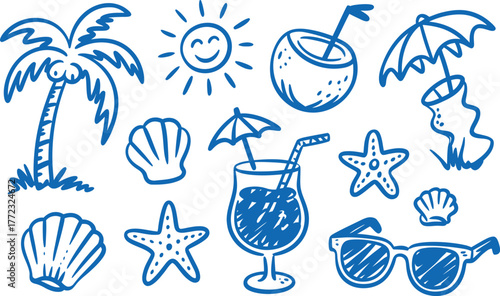 Blue hand drawn summer vacation icons beach palm
