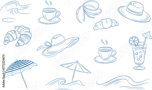 Blue line drawings of beach and cafe items wave coffee