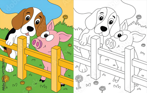 Charming cartoon dog and pig peek over fence, perfect for children's books or coloring pages in a playful outdoor setting