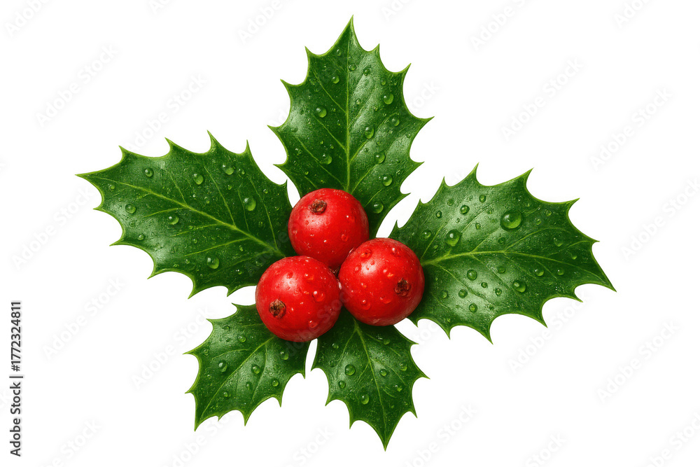 Fototapeta premium Holly sprig with red berries and green leaves, water drops, transparent background, christmas and winter decoration