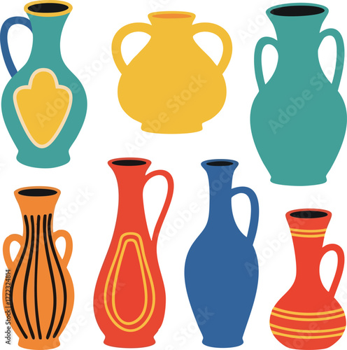 Collection Of Colorful Ceramic Vases And Pots In Various Shapes And Sizes With Decorative Patterns