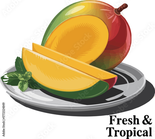 Delicious juicy mango slices with mint leaves, perfect for vibrant summer designs and fresh tropical fruit promotions or healthy eating concepts