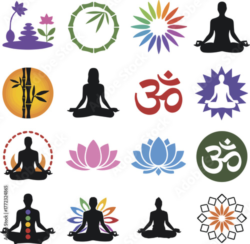 Find inner peace with these vibrant yoga and meditation icons, perfect for promoting wellness retreats and mindful living, ready for your next project