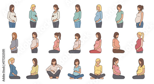 Array of pregnant women in various poses and attires showcasing different stages of pregnancy