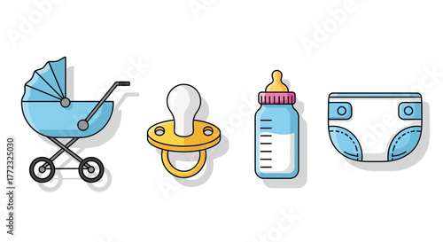 Baby items blue pram pacifier bottle with milk and diaper with blue accents