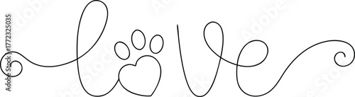 Black line art word love with paw print heart vector