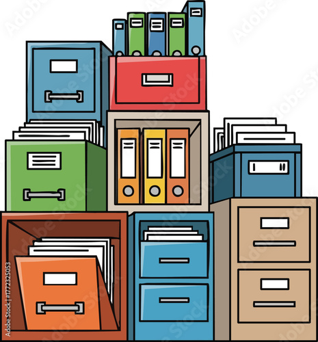 Colorful Filing Cabinets and Storage Boxes Filled With Documents and Folders Organized in an Office Setting