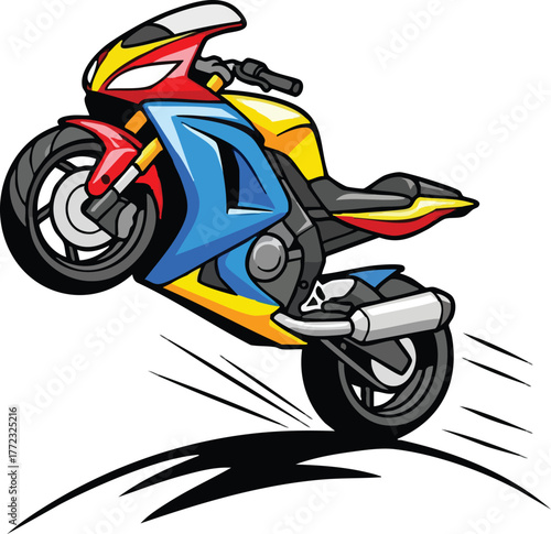 Colorful Sport Motorcycle Performing A Wheelie On A White Background With Motion Lines