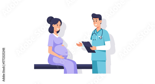 Cartoon doctor consults pregnant woman both smiling in a medical setting