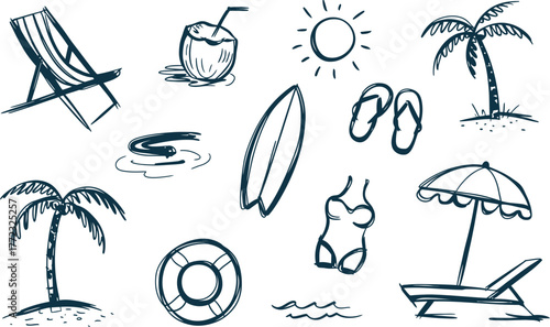 Hand drawn sketch of beach vacation items summer palm