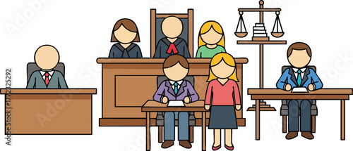 Courtroom scene with judge jury and lawyers in formal attire