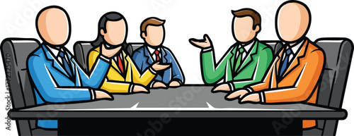 Five Business People Sit Around A Table Discussing Ideas In A Meeting Room