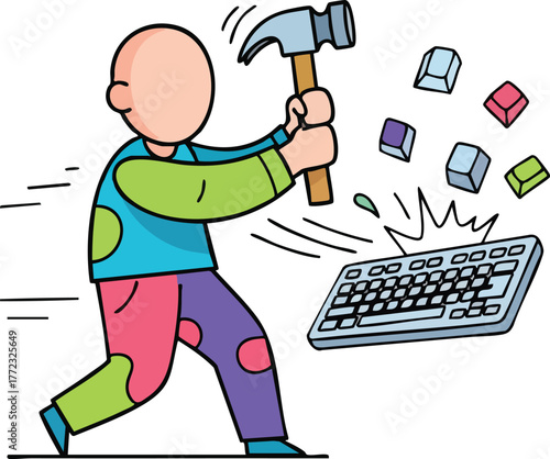 Frustrated Person Smashing Keyboard with Hammer Office Rage and Stress Relief Cartoon