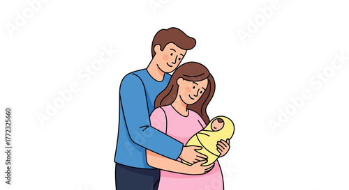 Couple cradles baby bundled in yellow The man stands behind arms around the woman all smiling