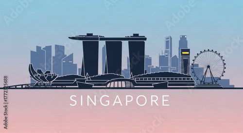 Iconic Singapore skyline silhouette featuring Marina Bay Sands and Singapore Flyer, modern urban landscape