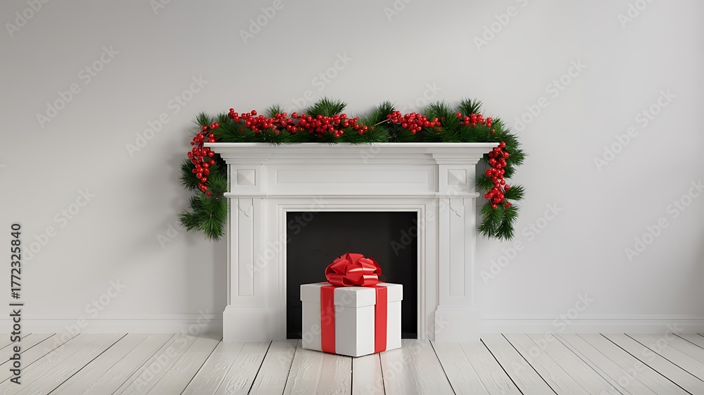 Fototapeta premium Festive white fireplace adorned with green garland and red bows a christmas gift box sits in the hearth