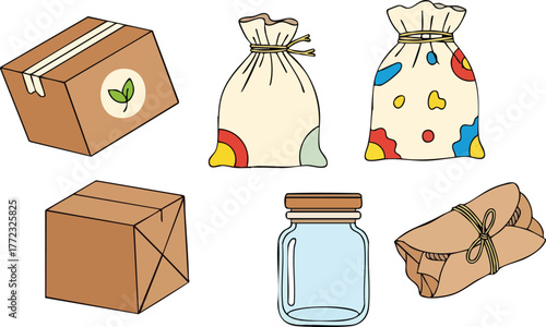 Illustration Of Shipping Boxes Sacks And Glass Jar Isolated On White Background