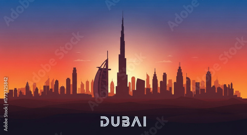 Stunning Dubai skyline silhouette at vibrant sunset, showcasing modern architectural marvels and urban elegance