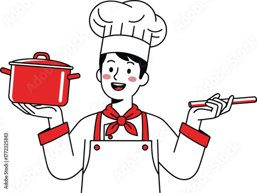 Cheerful chef holding pot and spatula