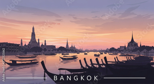 Serene Bangkok skyline at sunset with traditional boats on the Chao Phraya River, capturing Thai culture and travel dreams