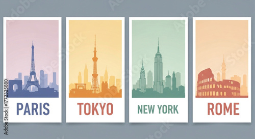 Vibrant city skylines Paris Tokyo New York Rome evoke wanderlust and global exploration adventures