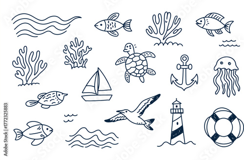 Hand drawn navy blue ocean life and nautical elements