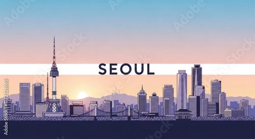Stunning Seoul skyline at sunset captures vibrant city energy and iconic landmarks, perfect for travel and business themes