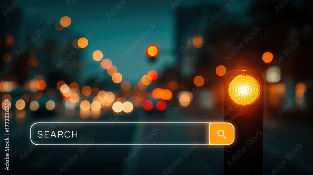 Fototapeta premium A blurred city scene featuring a glowing traffic light and a search bar, creating a blend of urban life and digital exploration.