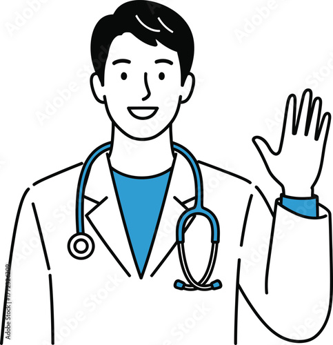 Friendly doctor waving hand with stethoscope