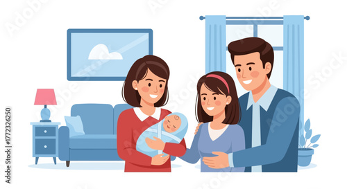 Family mom holds baby teen stands next to dad in living room