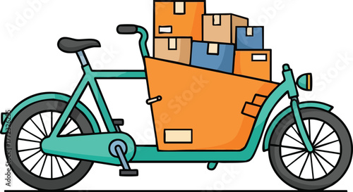 Orange Cargo Bicycle Loaded With Cardboard Boxes On A White Background
