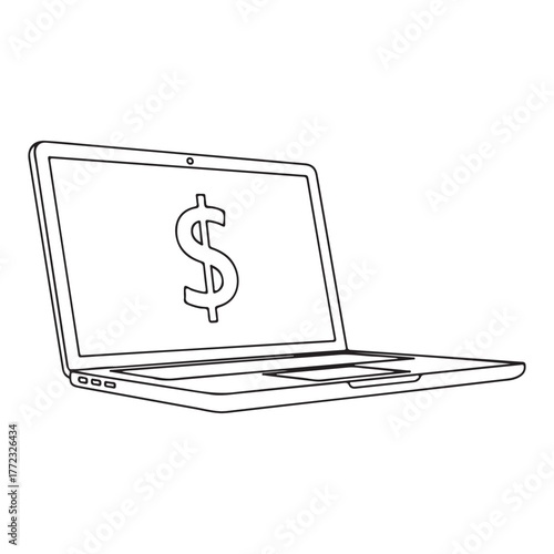 Dollar sign on a laptop icon line art