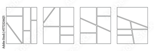 Set of collage grid manga comic storyboard layout panel blank template. Empty page frame for comic book, photo collage, poster, flyer. Vector illustration. Manga storyboard layout template for rapidly