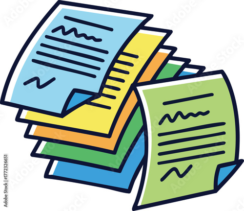 Stack Of Colorful Documents With Blue And Green Paper Visible With Handwritten Text