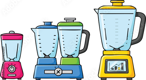 Three Colorful Kitchen Blenders With Clear Jars And Measuring Lines On White Background