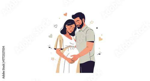 Pregnant woman and man embracing belly surrounded by hearts