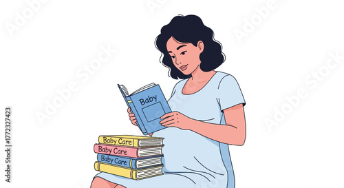 Pregnant woman reading a Baby book with a stack of Baby Care books