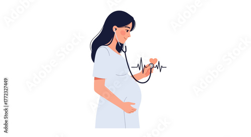 Pregnant woman uses stethoscope on a heart beat illustration