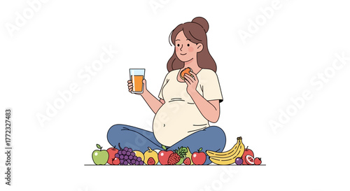 Pregnant woman sits among fruit eats an orange  drinks juice