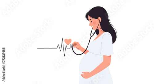 Pregnant woman using a stethoscope with heartbeat symbol on a white background