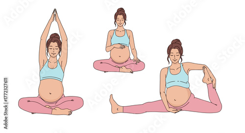 Three pregnant women practice yoga one with hands raised another with hands on belly and a third in a seated twist