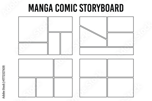 Blank collage grid template for a storyboard layout panel for a manga comic, Empty page frame for comic book, photo collage, poster, flyer, Collage grid manga book template. Image collage layout templ