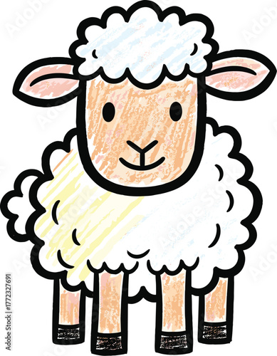 Cute Cartoon Sheep Illustration Standing on White Background: Farm Animal Design Element for Children's Education, Springtime Crafts, Easter Decoration, Livestock Marketing, Pastel Colored Fluffy Lamb