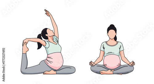 Two pregnant women in yoga poses on a white background
